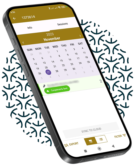 Telefoon op een cirkel gemaakt van Protect & Connect-logo’s, met de herinneringskalender voor vaccinaties van de app erop weergegeven.
